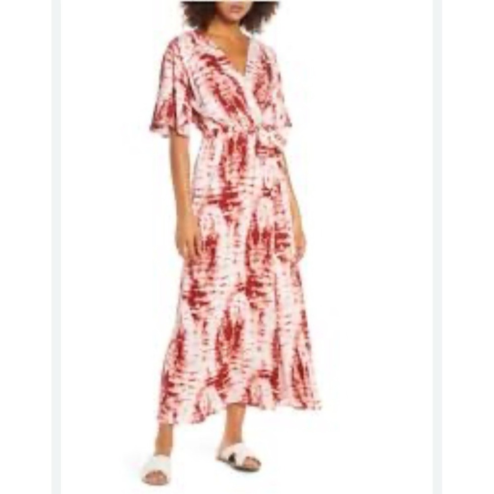Fraiche by J Deep Wine Red Tie Dye Maxi Dress Faux Wrap Belted Waist Small